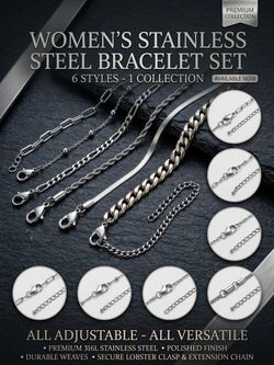 NEW 6-Set Women's Stainless Steel Silver Bracelets - All Adjustable