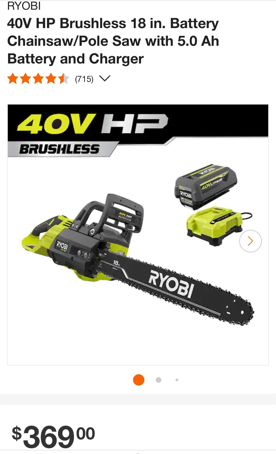 RYOBI 40V HP Brushless 18 in. Battery Chainsaw/Pole Saw with 5.0 Ah Battery and Charger