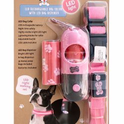 Nice Paws LED Rechargeable Dog Collar + LED Waste Bag Dispenser (Pink, Size M)