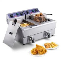 Commercial Electric Deep Fryer 24L 3000W Dual Basket Stainless Steel Countertop with Time Control & Oil Filtration