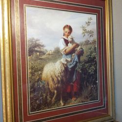 Framed Art of Girl, Sheep & Lamb / Gold Frame 31 x 25