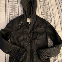 New! XS Faux Black Leather Jacket With Hoodie 