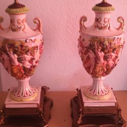 Antique Capodimonte Cherubines Table Lamps with FlowerVase