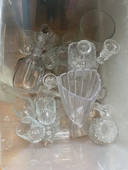 Box of assorted crystal and glass cups candle holders vase