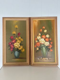 2 G.Fern Oil Paintings on Canvas Roses Vintage. Signed