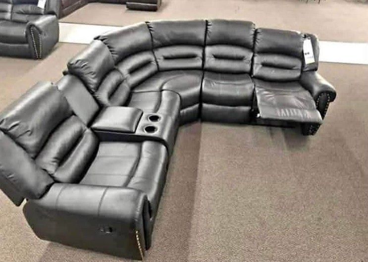 Recliner sofa Black leather sectional couch with cup holder 