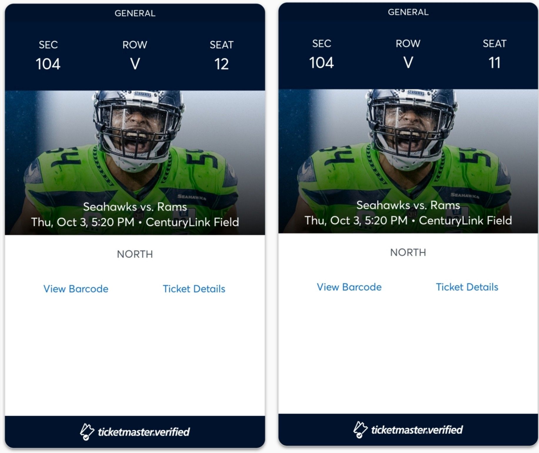 Two Seahawks vs Rams tickets $400 for both