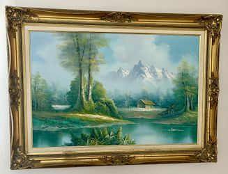 Vintage Oil Painting – Signed Vermer – Alpine Lake & Cabin Scene in Ornate Gold Frame (31”x43”)