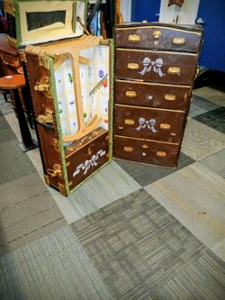 Antique Wardrobe Steamer Trunk With Almost Complete Contents