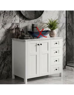 32" White Bathroom Vanity with Engineered Wood Marble Texture Top and 4 Drawers