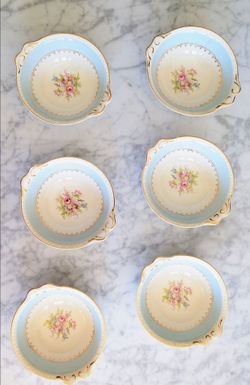 Set Of 6 Homer Laughlin Georgian Eggshell Blue Band Lugged Cereal Bowls
