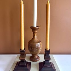 Vintage Wooden Candlestick Holders Set of Three Carved Candle Holders