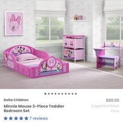 NEW Minne Mouse 3 piece Toddler bedroom set/ toddler bed frame / desk/ toy organizer (Mattress not included)