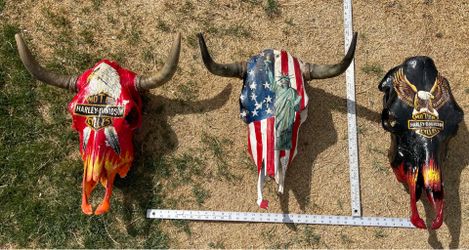 Three painted Cowskulls. Motorcycle design  rustic look