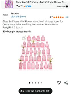 Ruckae Pink Glass Bud Vases 32-Pack