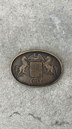 Vintage Colt Firearms Brass Belt Buckle - Rearing Horse Logo Coat of Arms