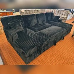 Black Corduroy Double Chaise With Storage Sectional Pullout Bed