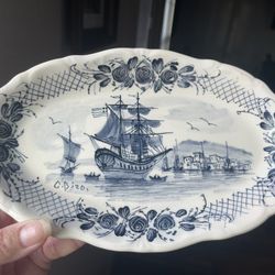 Vintage Greek Hand Painted Blue Ship Plate Signed G.Dizos