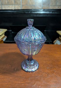 Fenton Violet Iridescent Covered Candy Dish, produced as a limited edition collectible to commemorate the 30th Anniversary of Cracker Barrel Old Count