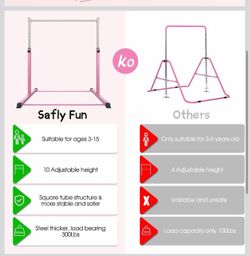 Safly Fun Gymnastics Bar for Kids Ages 3-15 | Sturdy Steel Home Gym, Adjustable Height (3 to 5 ft) with Anti-Slip Base, Easy Assembly  232  100$