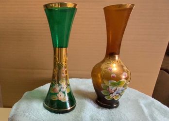Hand-Painted Glass Vases with Gold Trim, Set of 2