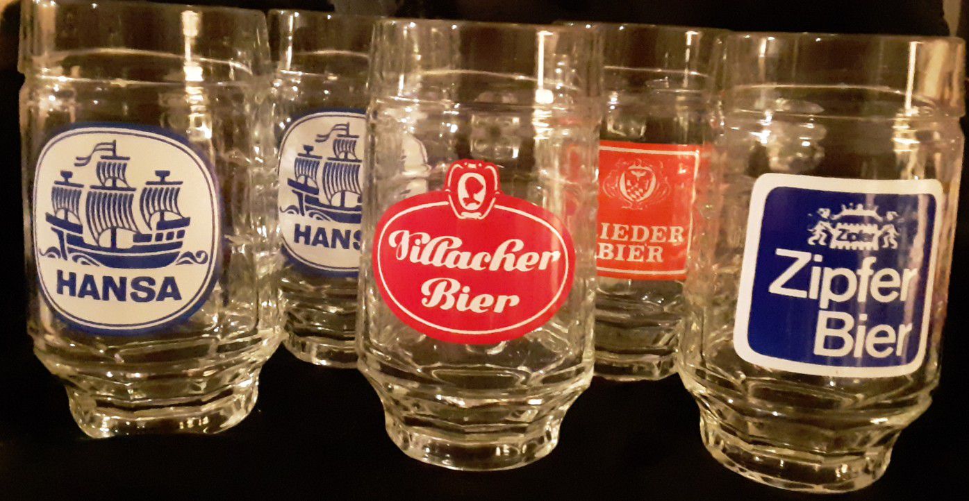 (5) Austrian & German Bier, Beer, Mugs ZIPFER, HANSA x 2, VILLACHER & RIEDER thumbprint impression & handles