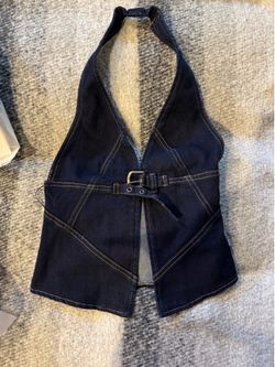 Fashion Nova Dark Wash Denim HERE TO STEAL HEARTS BUCKLE DENIM HALTER TOP
