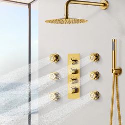Thermostatic Shower System 12" Wall Rainfall Shower Head with Rough-in Valve, 6 Jets
