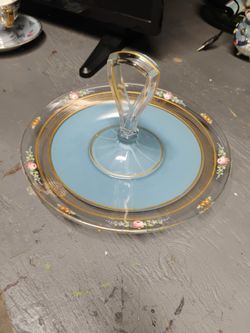 Vintage Glass Blue Enameled  With Flower Printed Tidbit Tray Snack Plate Handled