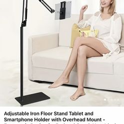 Adjustable Iron Floor Stand Tablet and Smartphone Holder with Overhead Mount - Ergonomic Design for Bed and Couch Use, Ideal for Live Streaming, Onlin