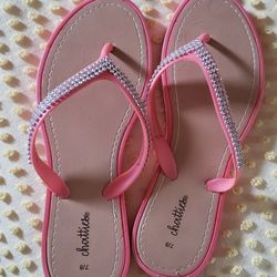 Ladies Coral Colored Flip Flops With Bling 