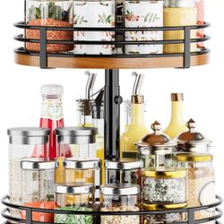 Lazy Susan Turntable Organizer Adjustable - 2 Tier Wood Rotating Spice Rack 12 Inch Lazy Susan 