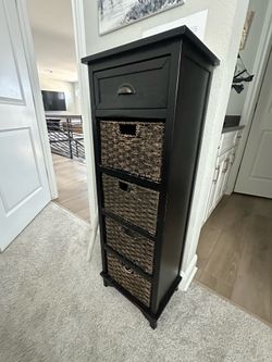 Tall Black Storage Cabinet with 4 Woven Baskets & Top Drawer