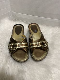COLE HAAN D21524 G Series Wo's 9 B Metallic Bronze Strappy Leather Wedge Slides