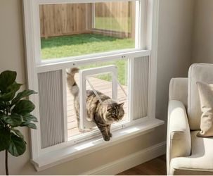 Window Cat Door Insert for Vertical Sash Windows – No-Drill Aluminum Frame, Fits 23.5–37.5 in, Access to Outside