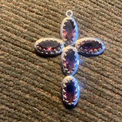 DANECRAFT MCM 925 STERLING SILVER L 3" PENDANT CROSS AMETHYST GEMSTONES
