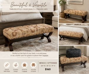 Elegant Upholstered Bench / Ottoman – Solid Wood – $160