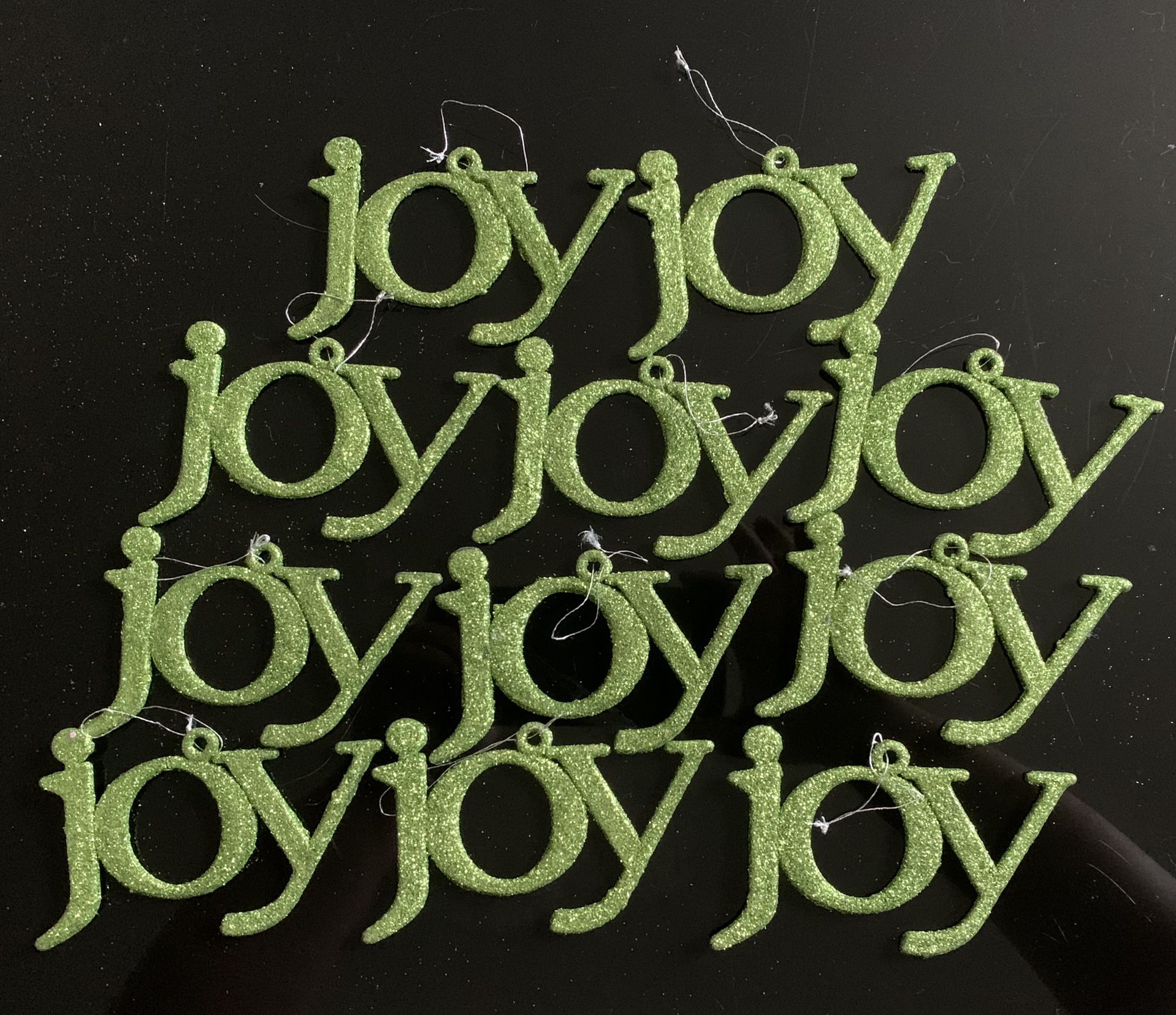 Lot Of 11 ‘Joy’ Green Glitter Ornaments 