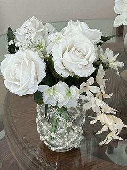 White Real Touch Roses & Silk Flower Arrangement in Pearl Vase