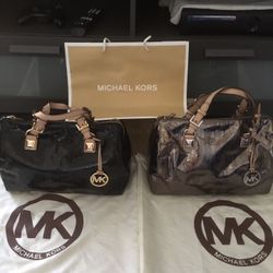 Michael Kors MK Grayson PVC Leather MK Logo Large Silver/Black Satchel Speedy