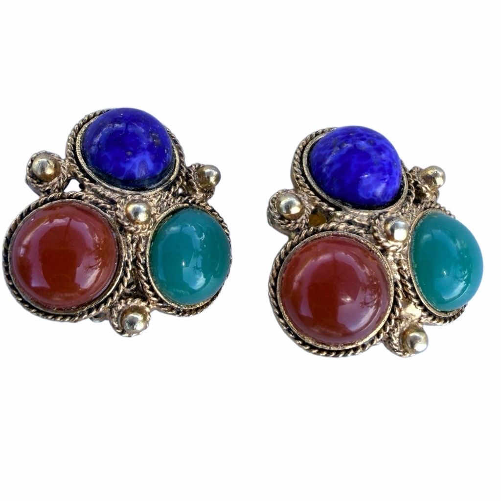 Vintage Gold Tone Multi Color Cabochon Cluster Clip On Earrings Blue Green Red