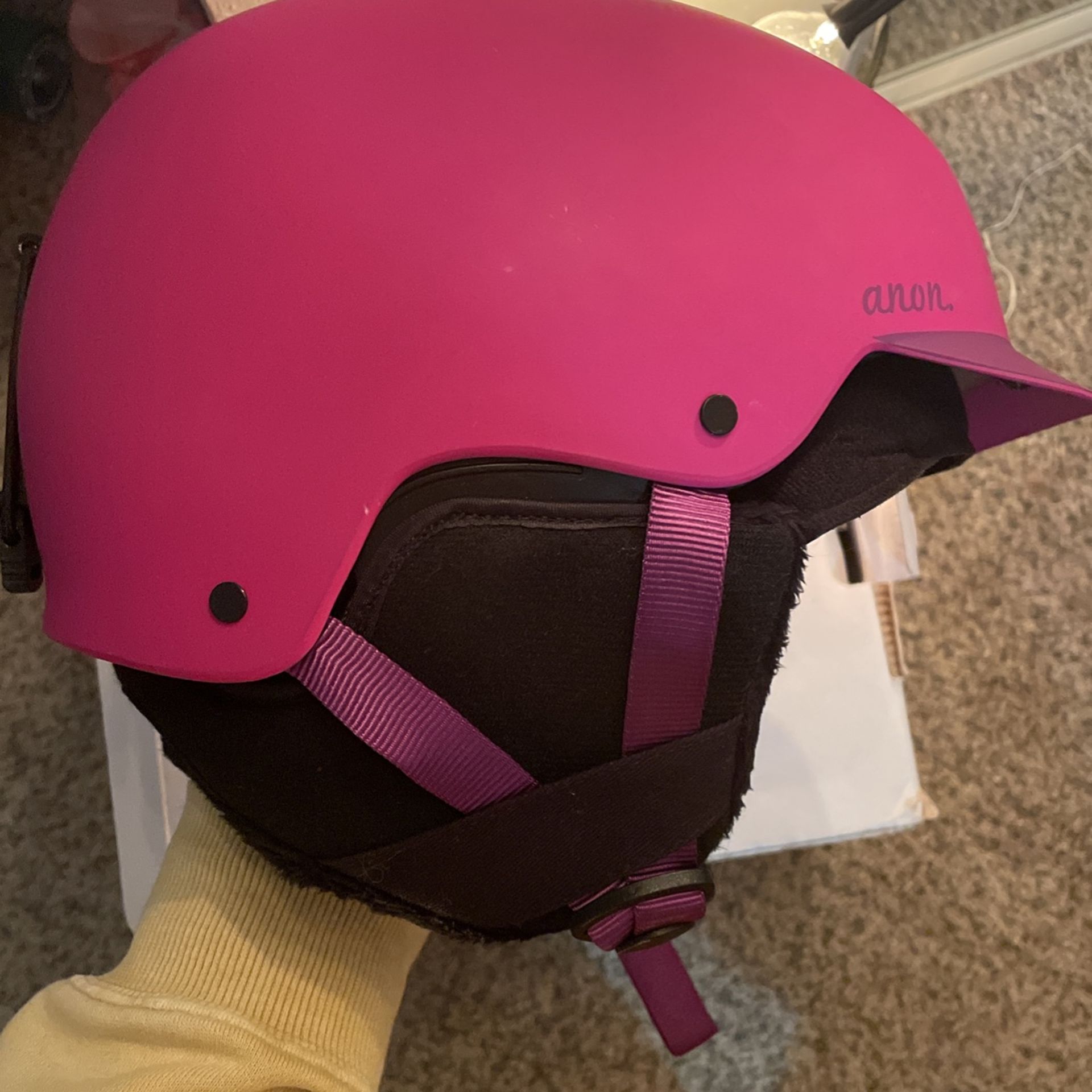 Burton Anon Aera Matte Pink Purple Snowboarding Helmet Padded Faux Fur Soft With Visor And Go Pro Mount And Box