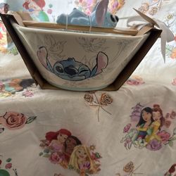 Rae Dunn Disney Laughing Tongue Out STITCH Noodle Bowl Chopstick & Rest Set NEW