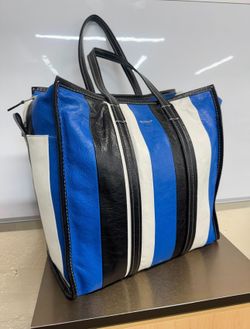 BALENCIAGA BAZAR TOTE BAG – USED AUTHENTIC LEATHER STRIPED (BLUE/BLACK/WHITE) ENTRUPY CHECKED