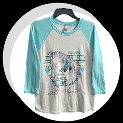 Next Level Apparel Turquoise & Gray “Wild At Heart” Horse Shirt Women Sm