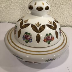 Czech Bohemian Hand Enamel White Cased Cut To Amber Covered Candy Dish Bowl  Decorated with hand enameled pink roses and other flowers in orange and b
