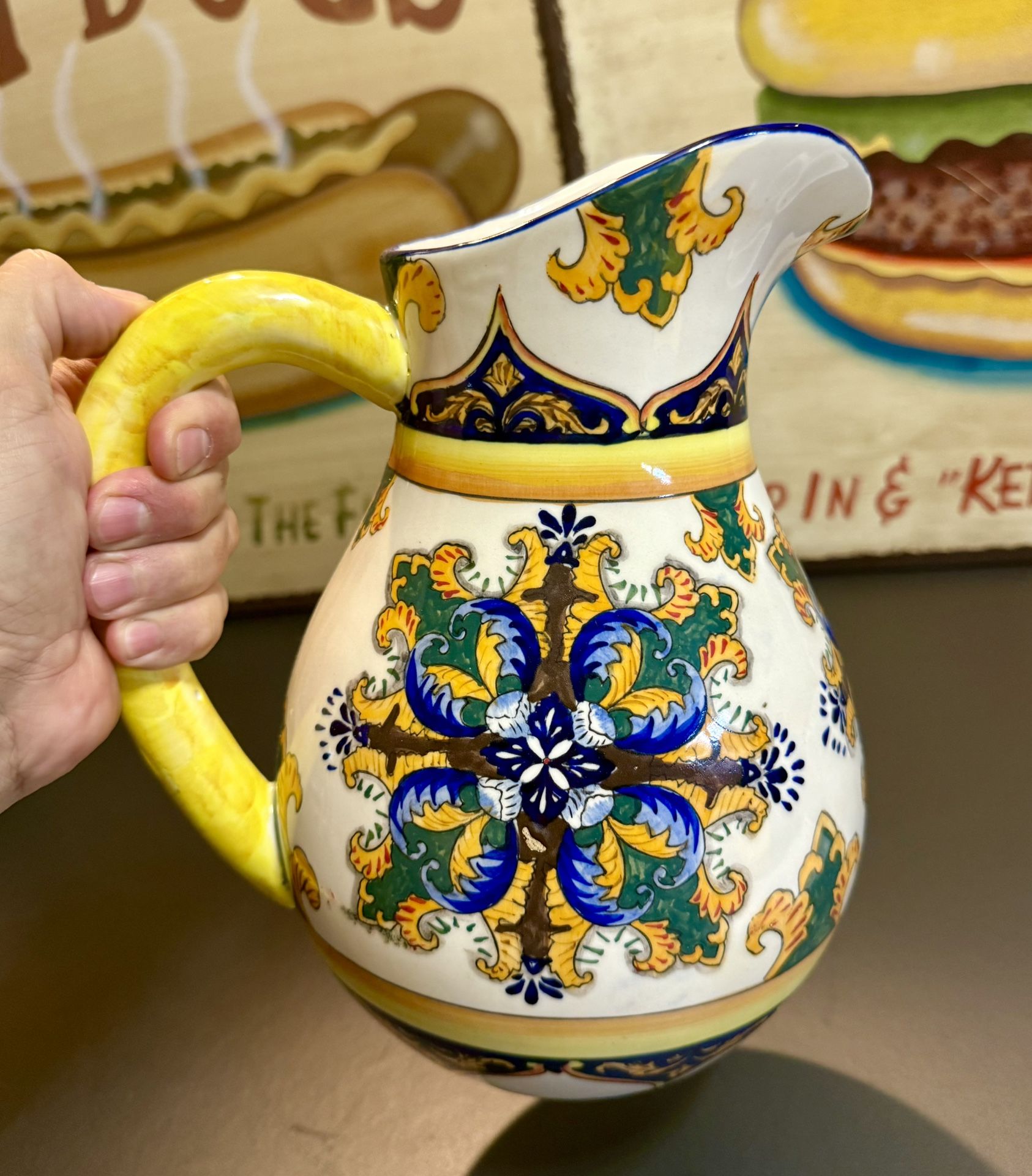 Large VTG I. Godinger Centerpiece  Vibrant Blue Yellow Floral Pitcher 11"×8"