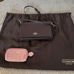 COACH Pebbled Leather Maroon Crossbody Purse, Dustbag, and Pouch/Coin Purse