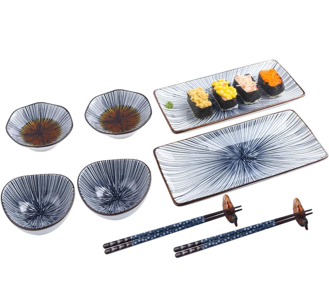 Artcome 10 Pcs Japanese Style Ceramic Sushi Plate Dinnerware Set for Wedding Housewarming - 2 Sushi Plates, 2 Sauce Dishes, 2 Snack Bowl, 2 Pairs of C