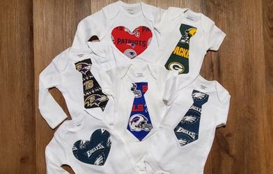NFL Football Heart Or Tie Onesie Eagles, Bills, Chiefs, Raiders, 49ers, Chargers, Rams